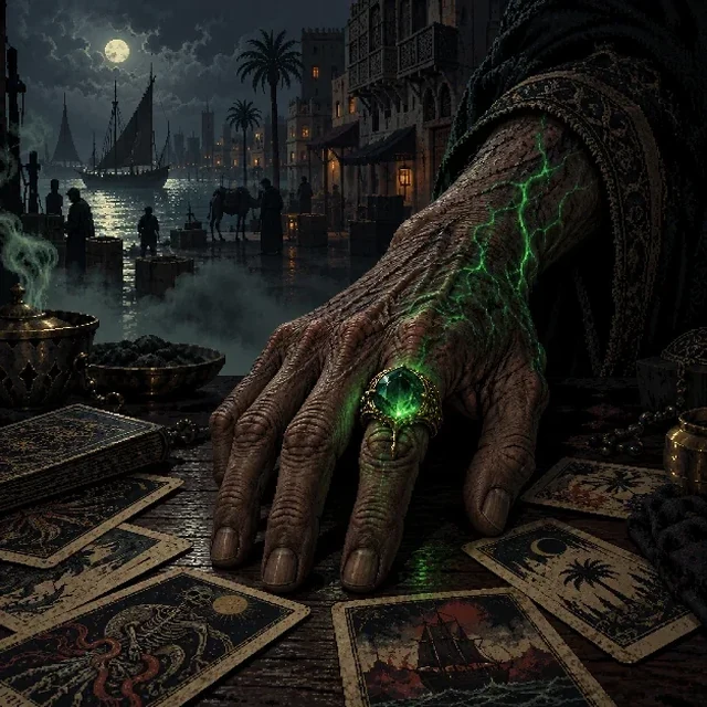 The Shaikh's hand with the green ring over the cards