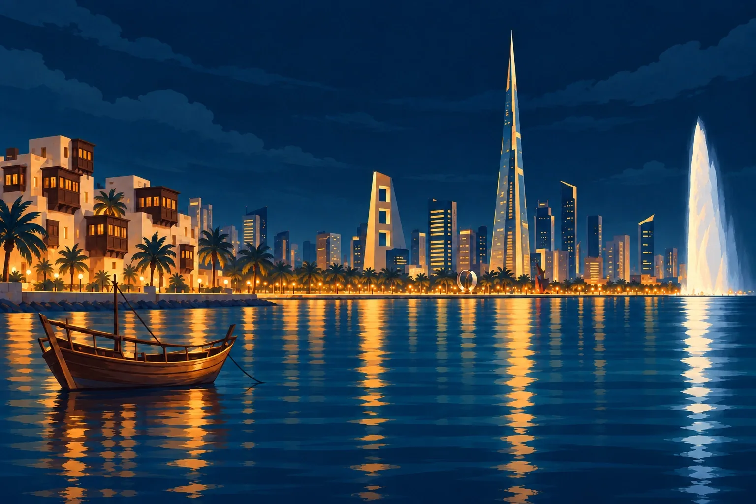 The Jeddah Corniche at night: towers, palms and the fountain over the Red Sea